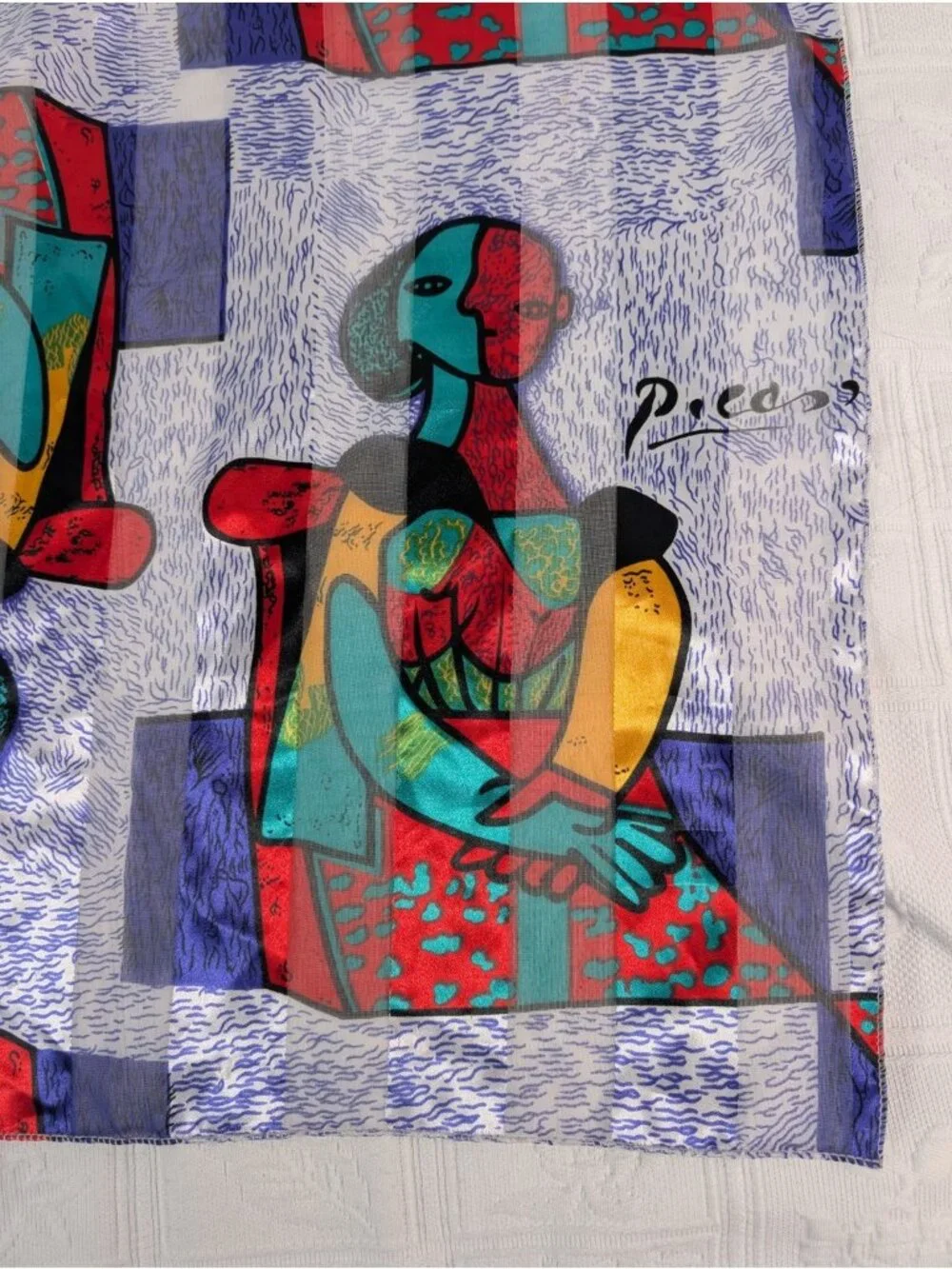 Vtg Picasso Print Scarf Abstract Portrait Art to Wear Korea silk feel polyester